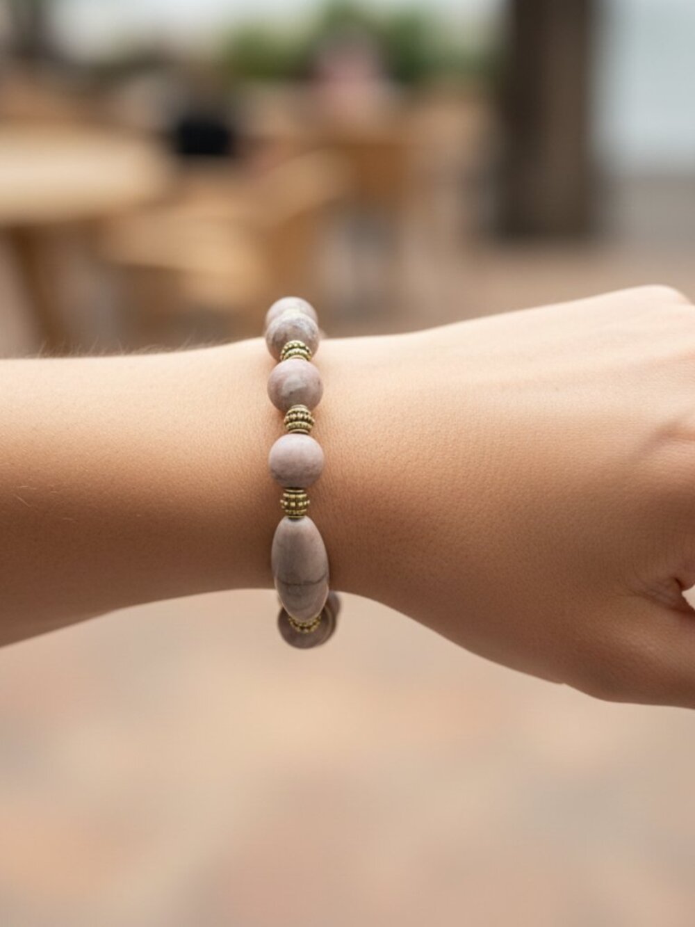 Designs by Forte Natural Stone Beaded Stretch Bracelet Gold Accents Boho